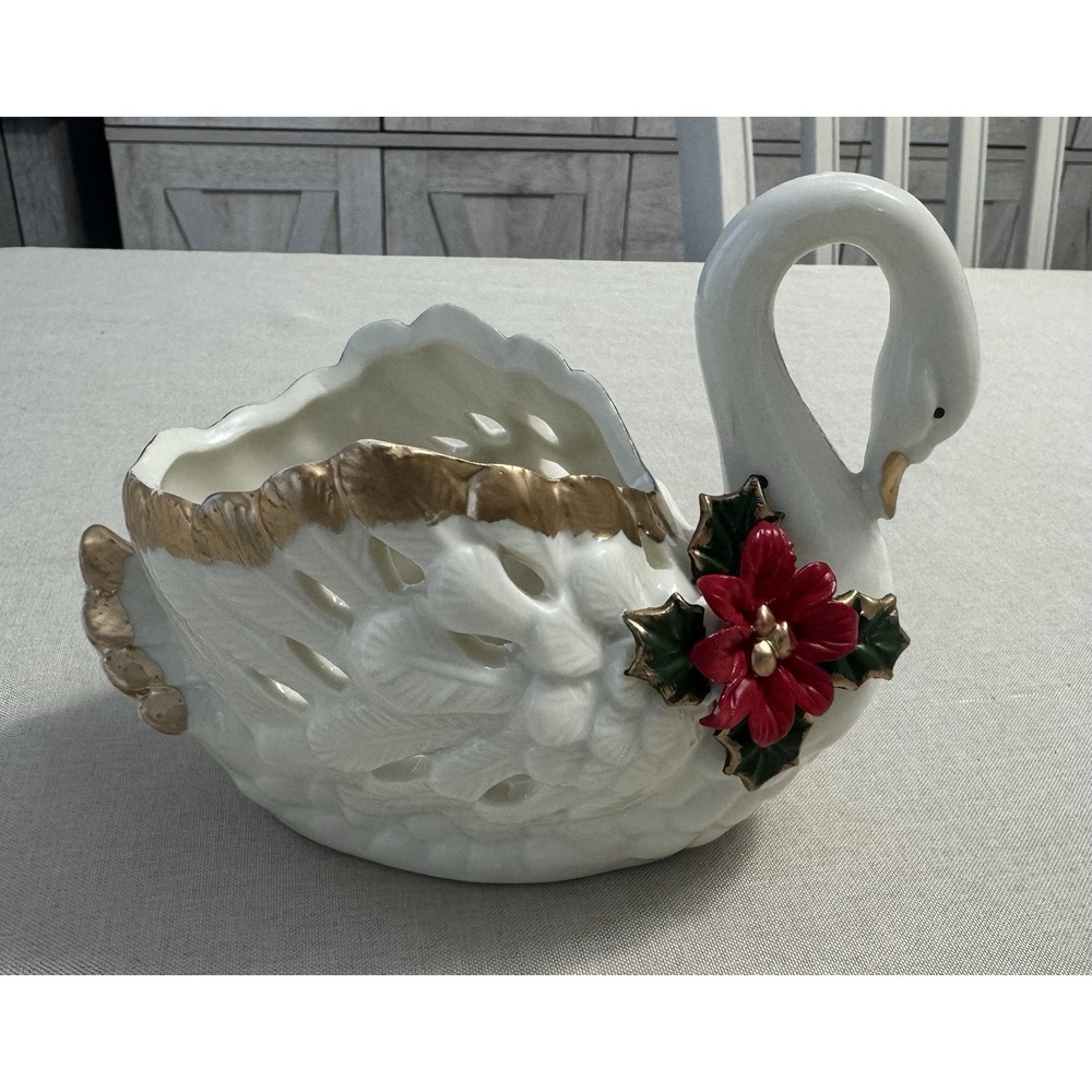 Vintage Swan Planter Bowl White Ceramic Gold Trim Poinsettia Christmas‎ Decor